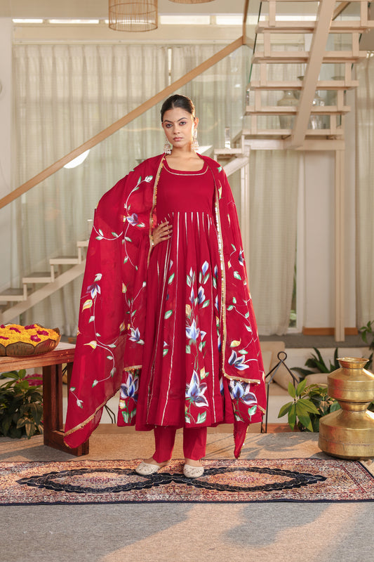 Crimson Bloom Hand painted Anarkali