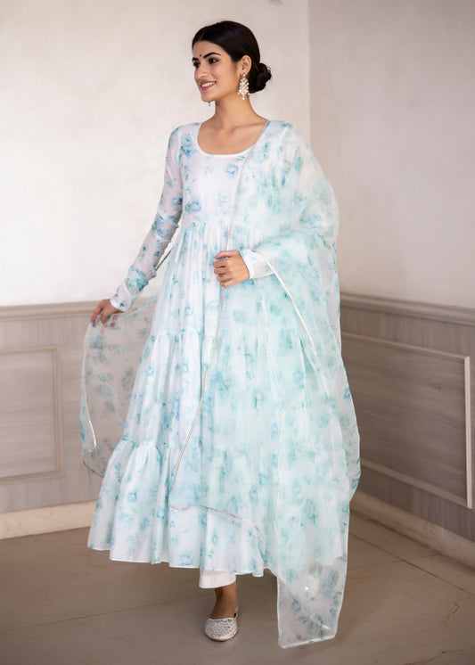 Aqua White Floral Printed Anarkali
