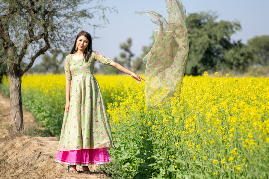 Mehandi Green Floral Printed Anarkali