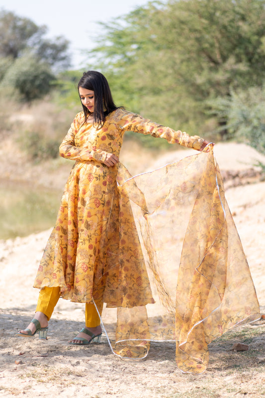 Mustard Yellow Floral printed Anarkali