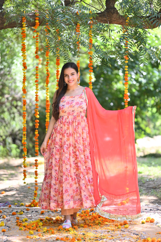 Peach floral Printed Anarkali