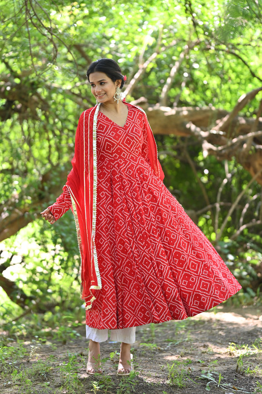 Red Bandhani Anarkali
