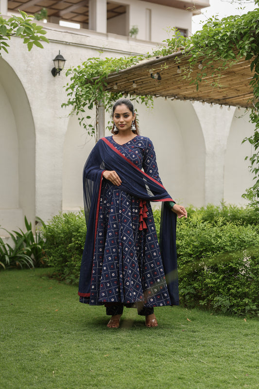 Blue Hand block Printed Anarkali