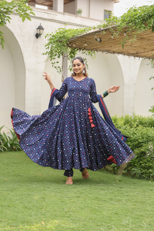Blue Hand block Printed Anarkali