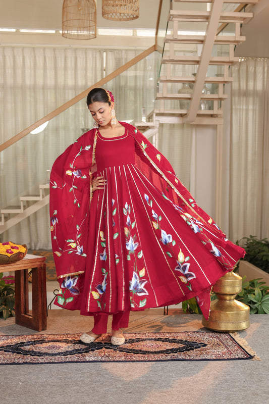 Crimson Bloom Hand painted Anarkali