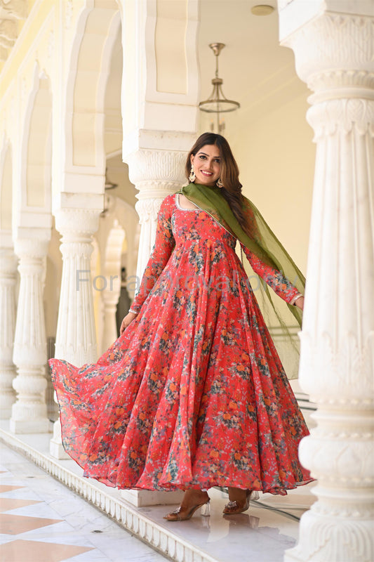 Red and Green Printed Anarkali