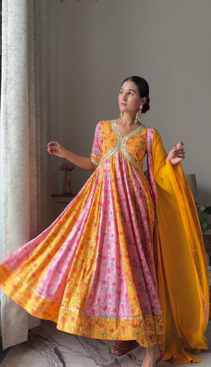 Yellow and Pink Lurex Anarkali