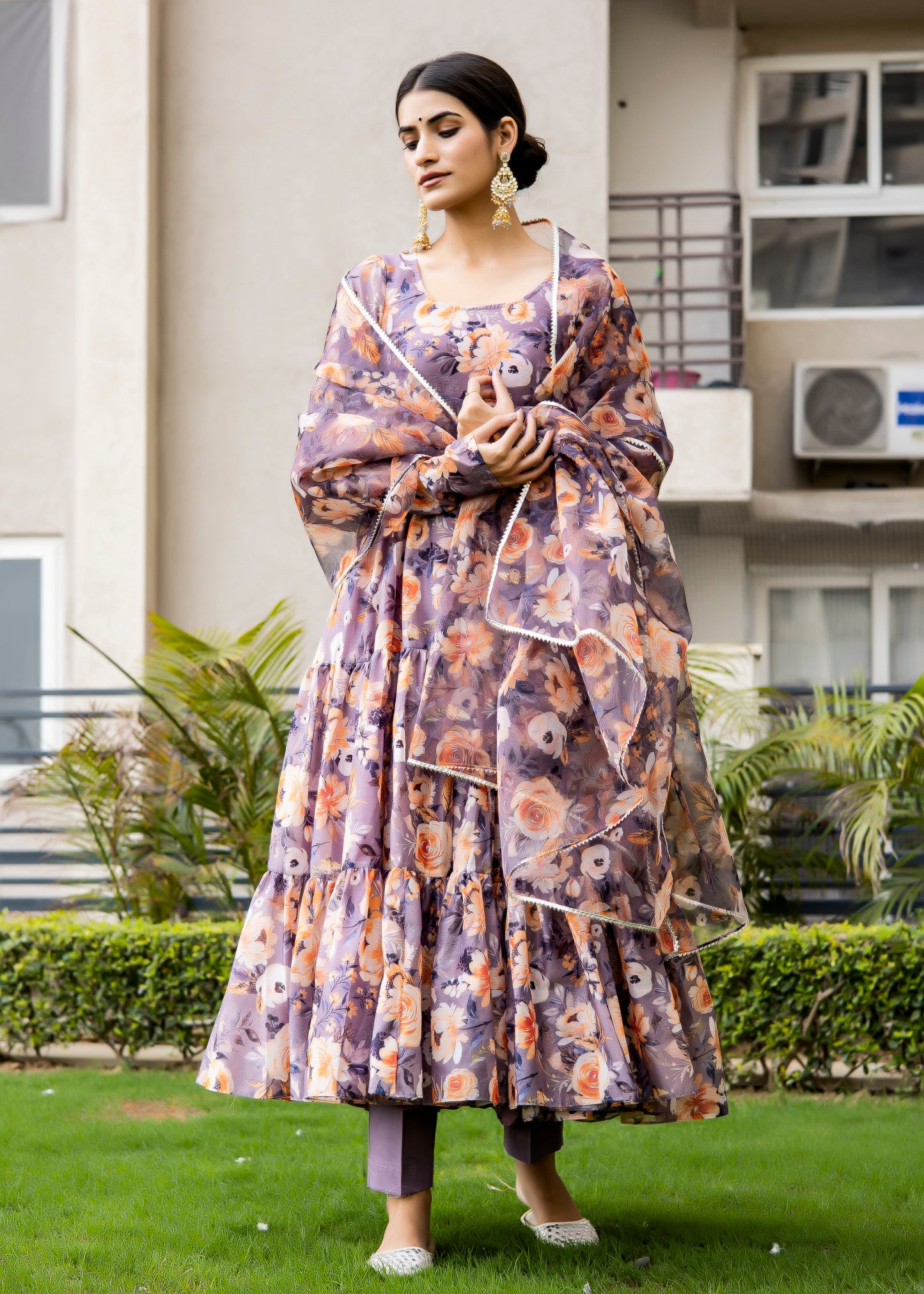 Viola Purple Floral Printed Anarkali