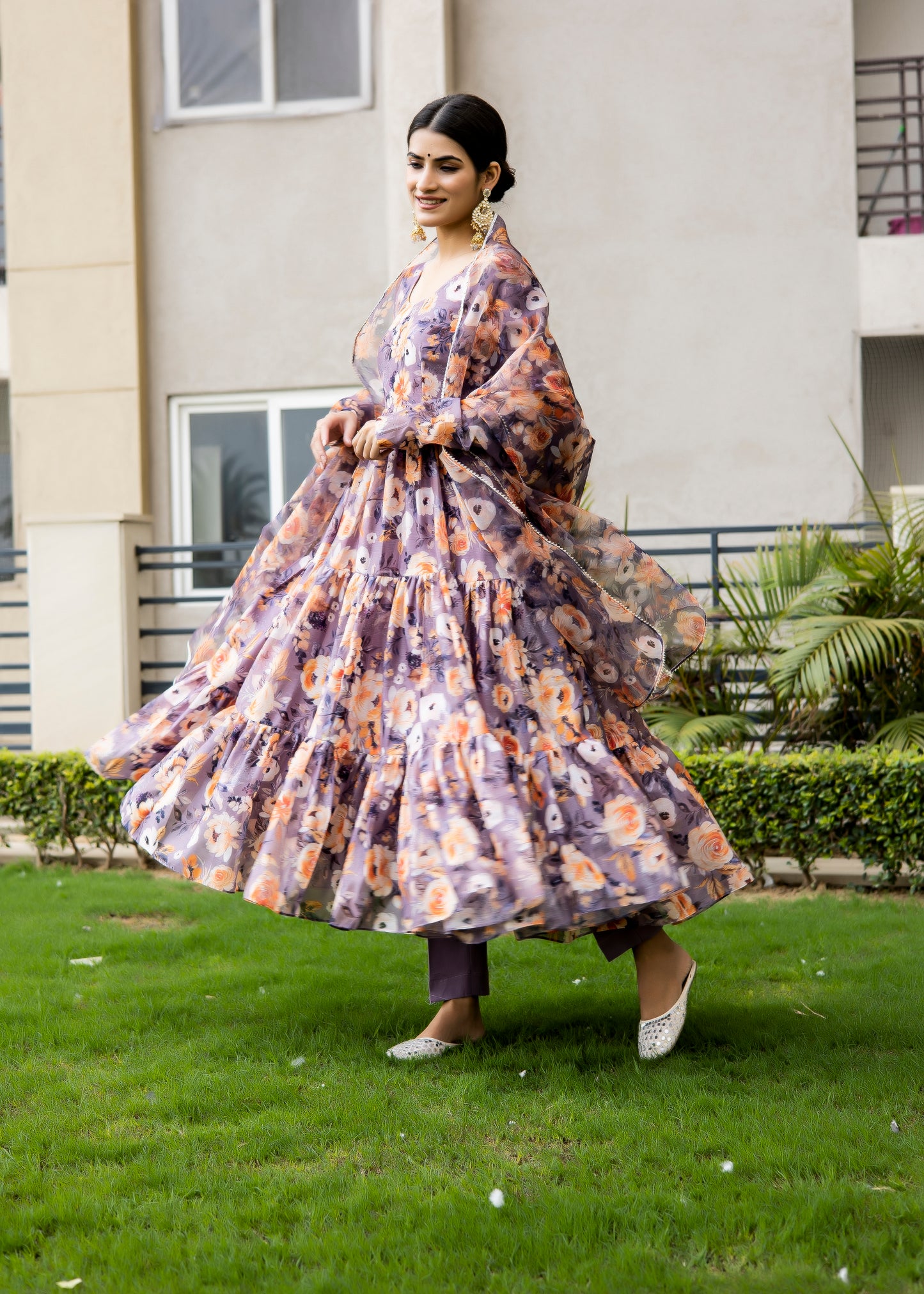 Viola Purple Floral Printed Anarkali