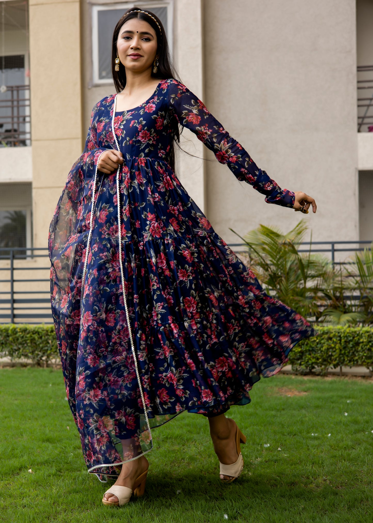 Navy Blue Floral Printed Anarkali