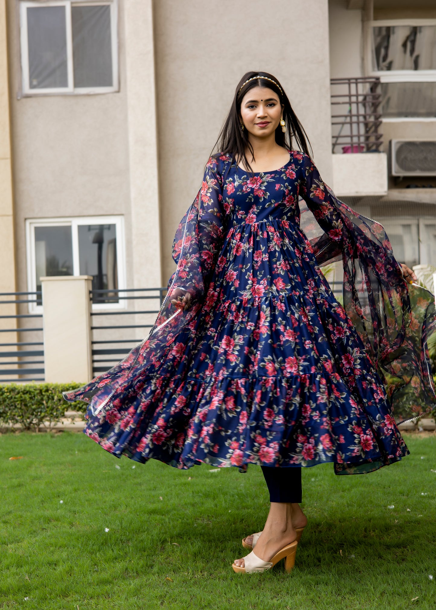 Navy Blue Floral Printed Anarkali