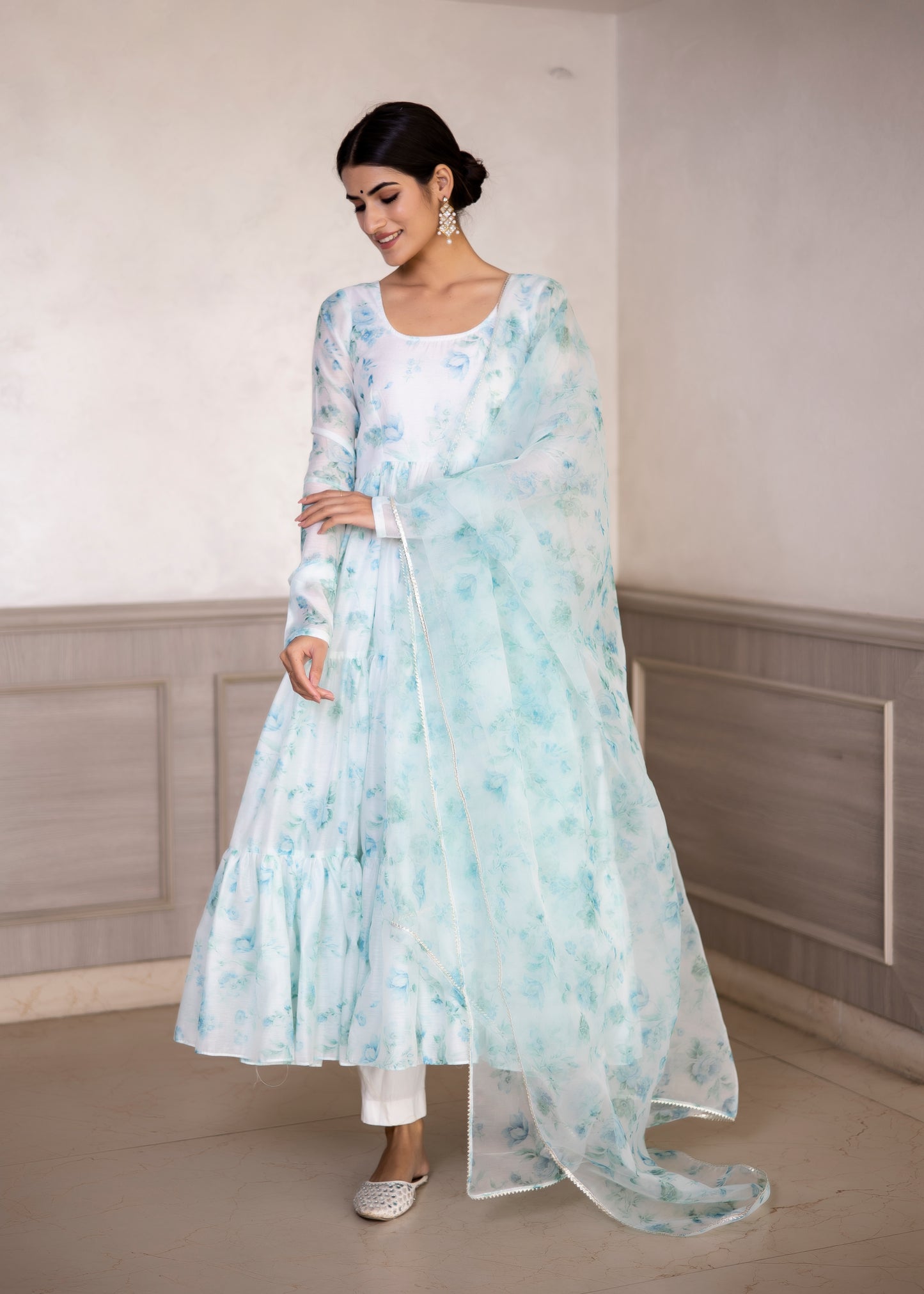 Aqua White Floral Printed Anarkali