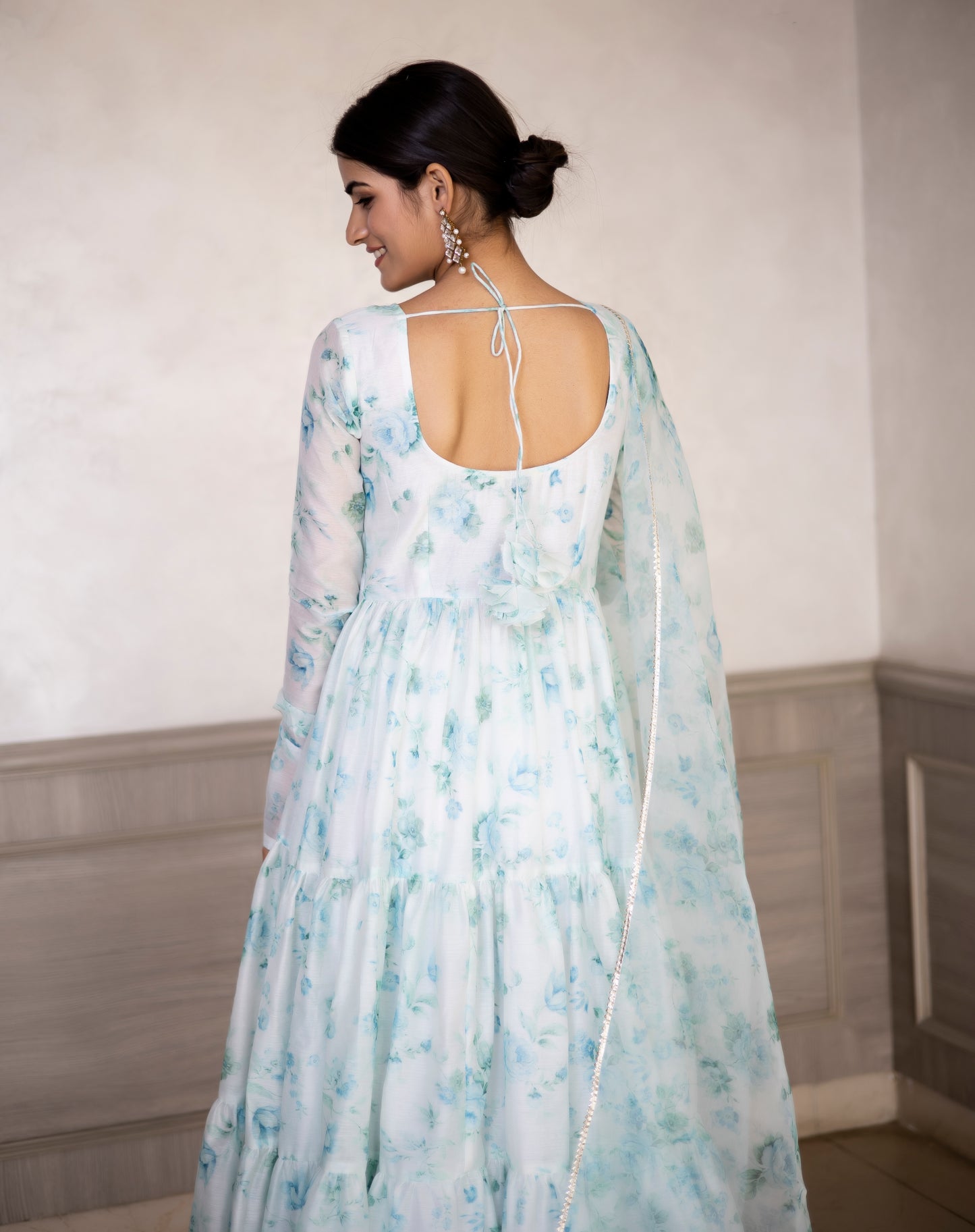 Aqua White Floral Printed Anarkali