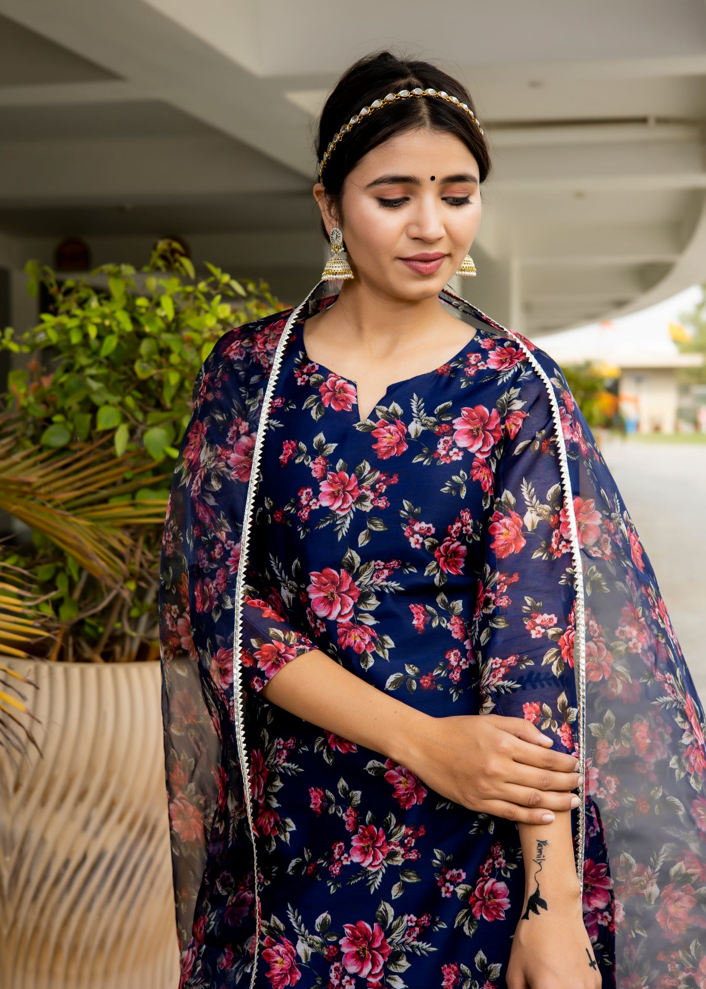 Navy Blue Floral Printed Suit Set