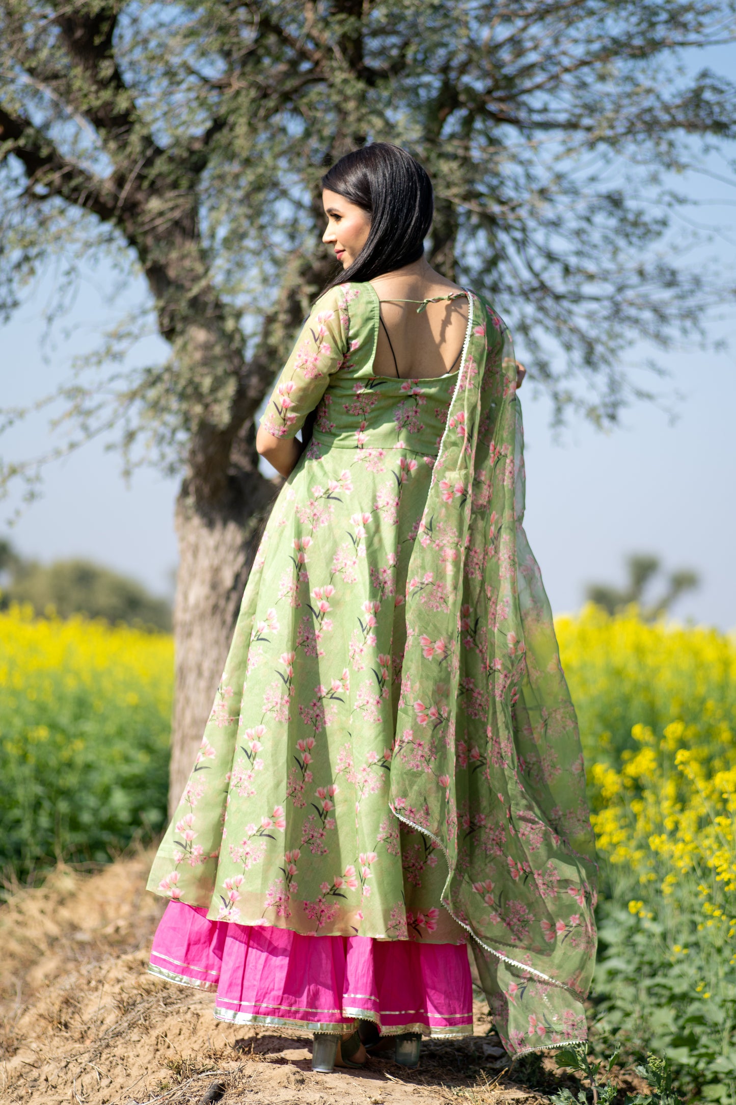 Mehandi Green Floral Printed Anarkali