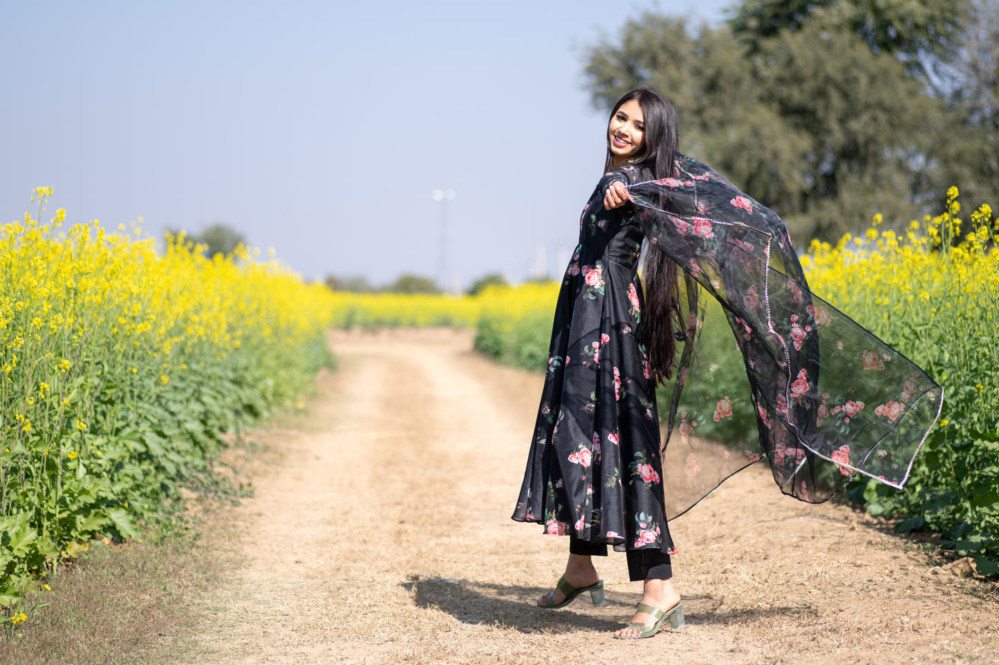 Black Floral Printed Anarkali