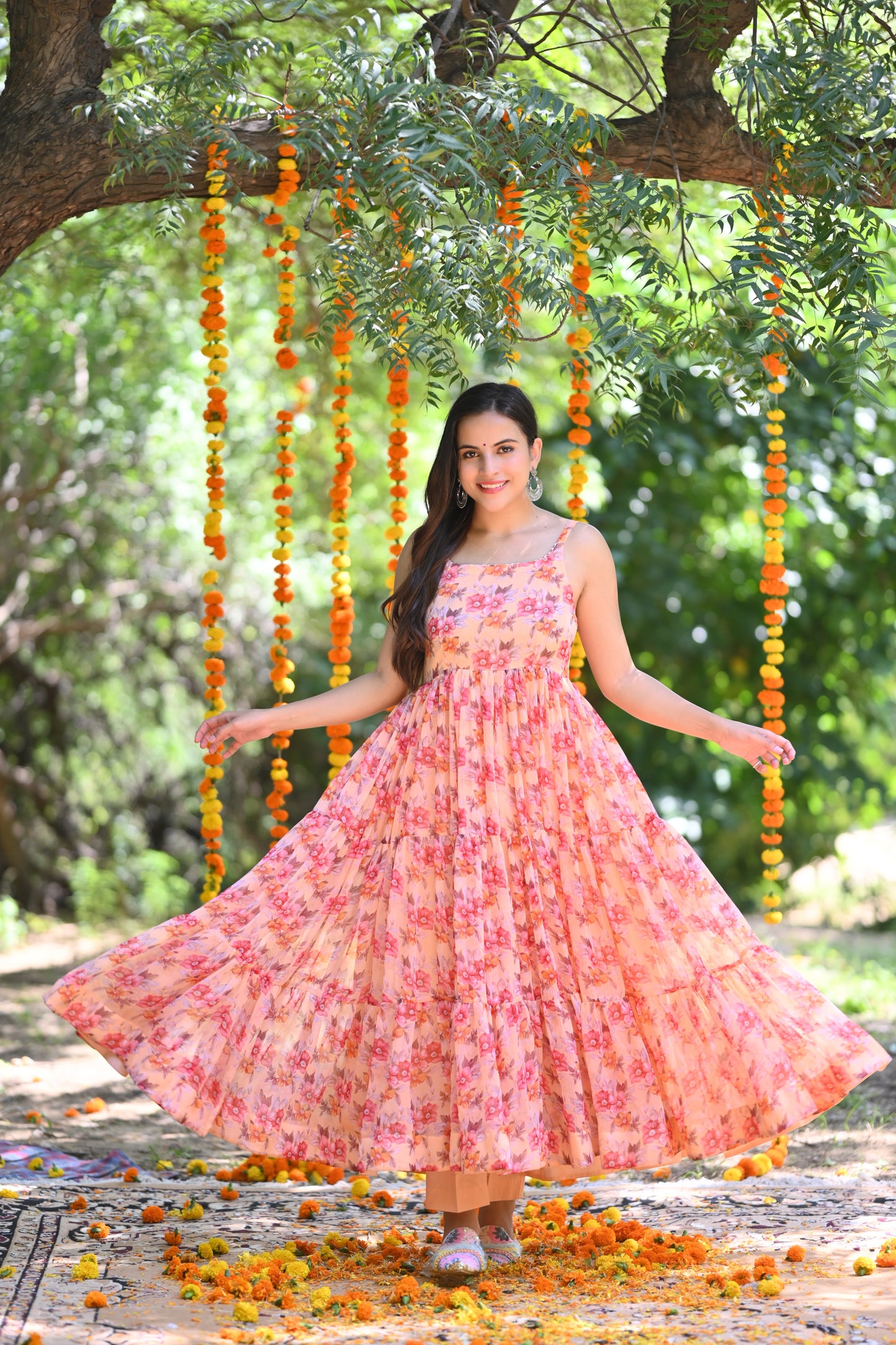 Peach floral Printed Anarkali