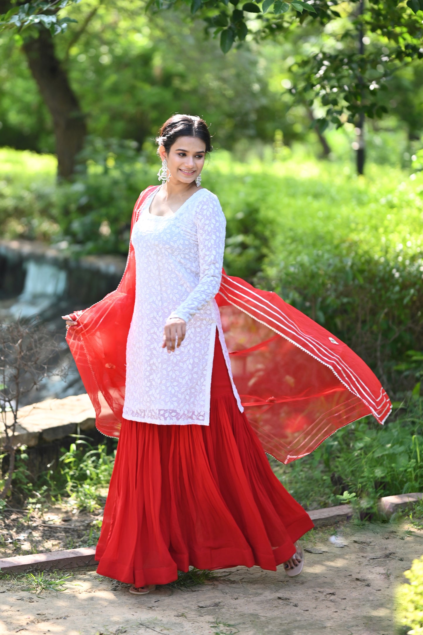 Red And White Sharara Set