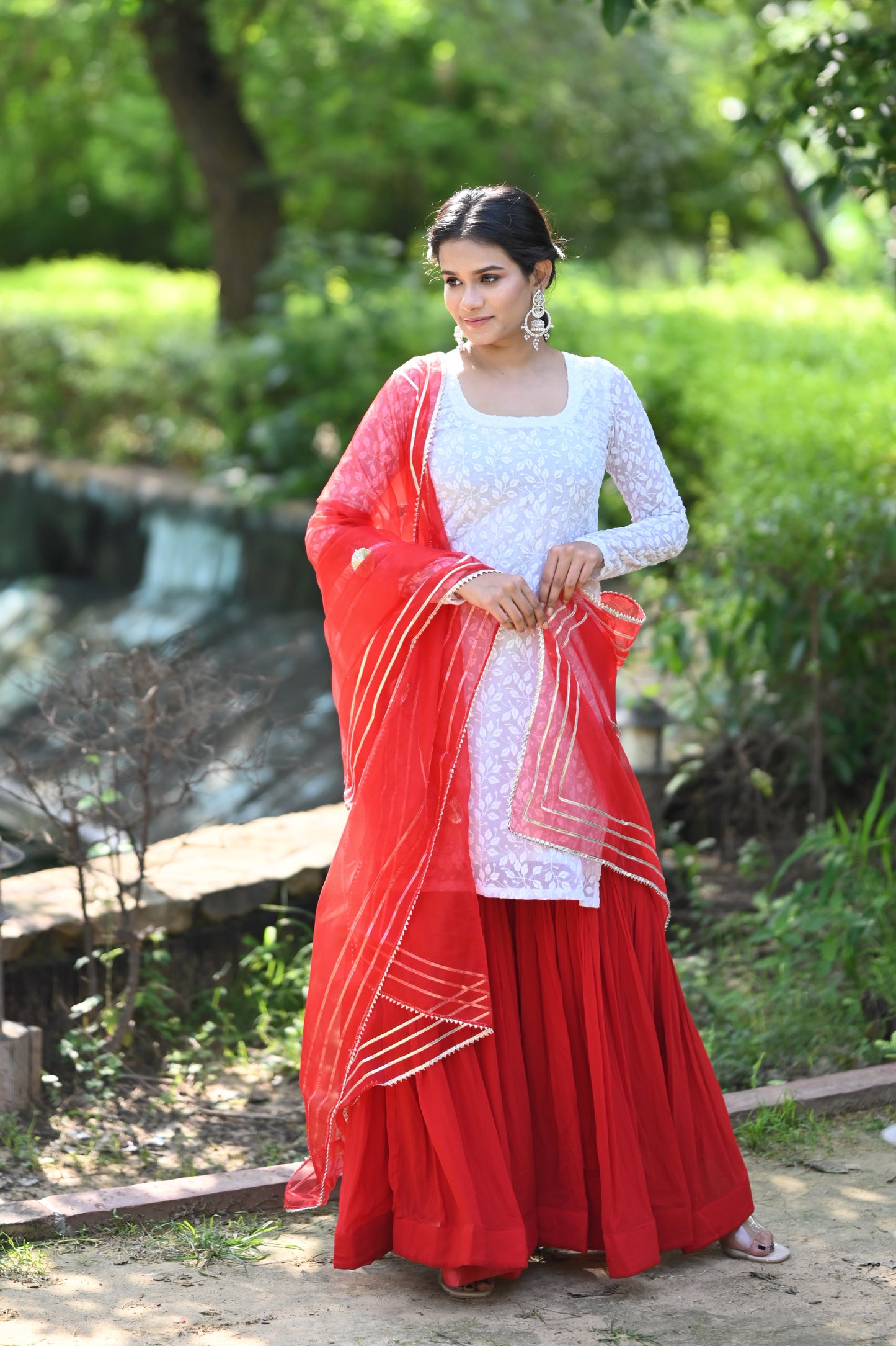 Red And White Sharara Set