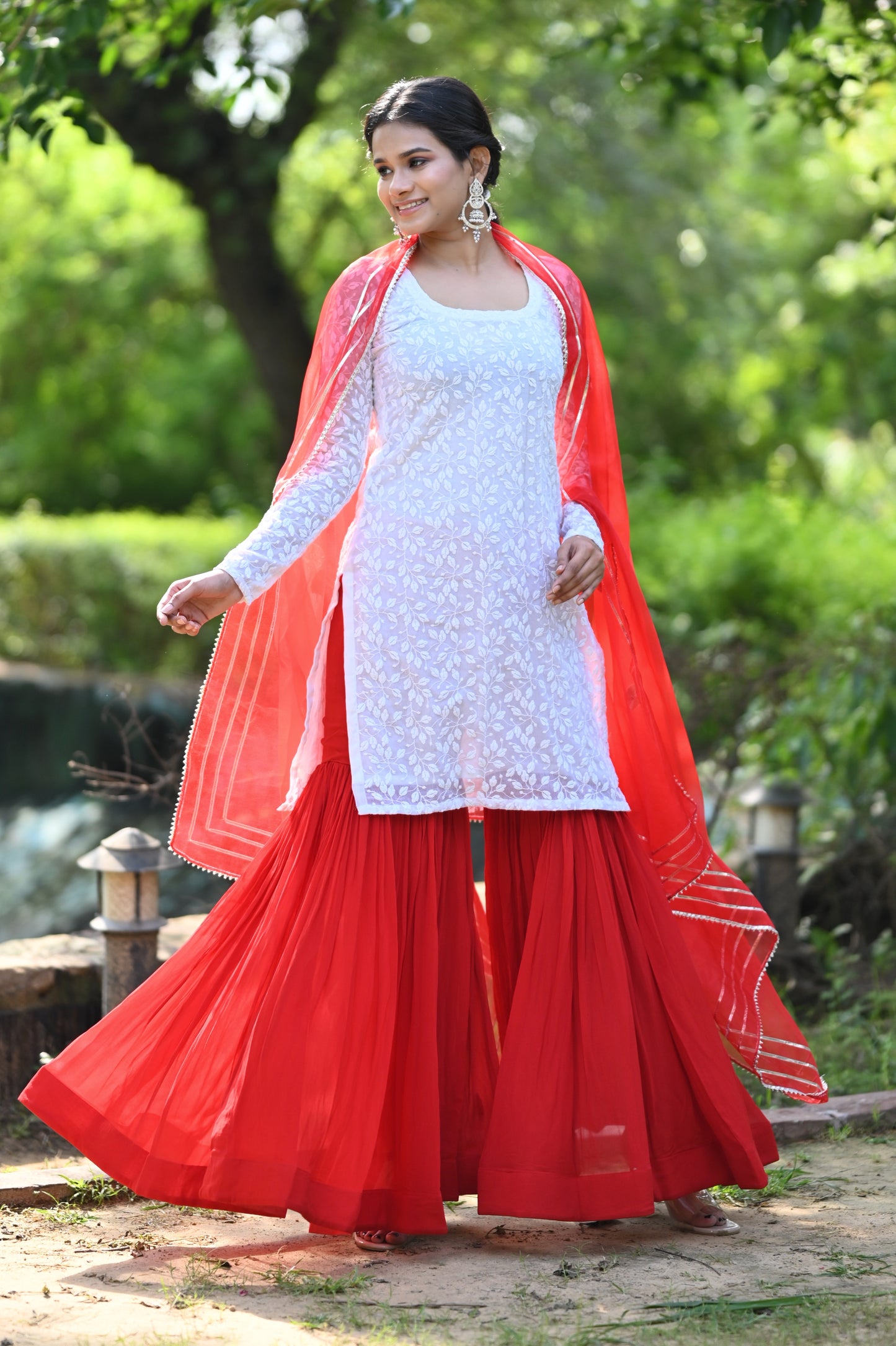 Red And White Sharara Set