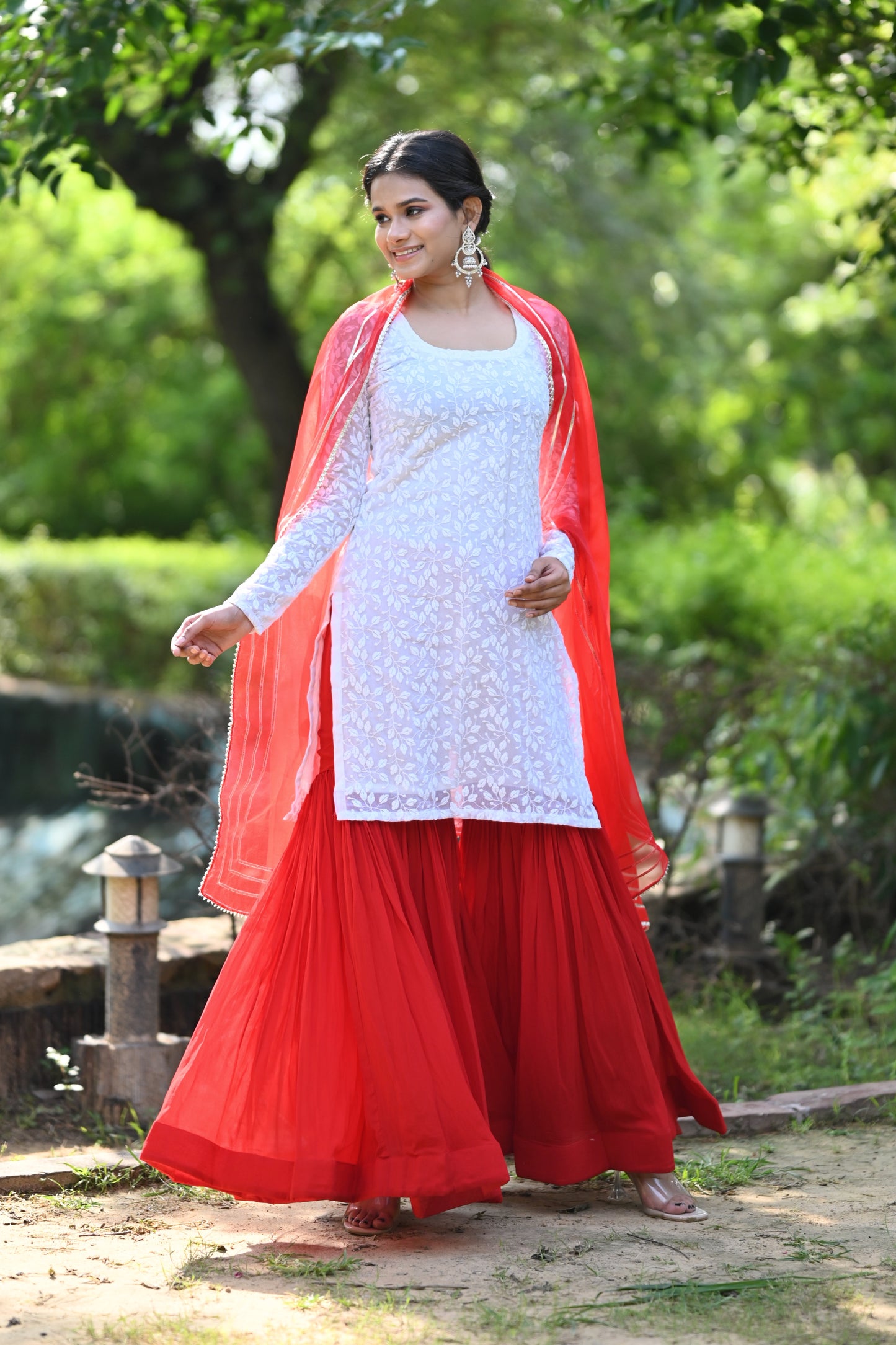 Red And White Sharara Set