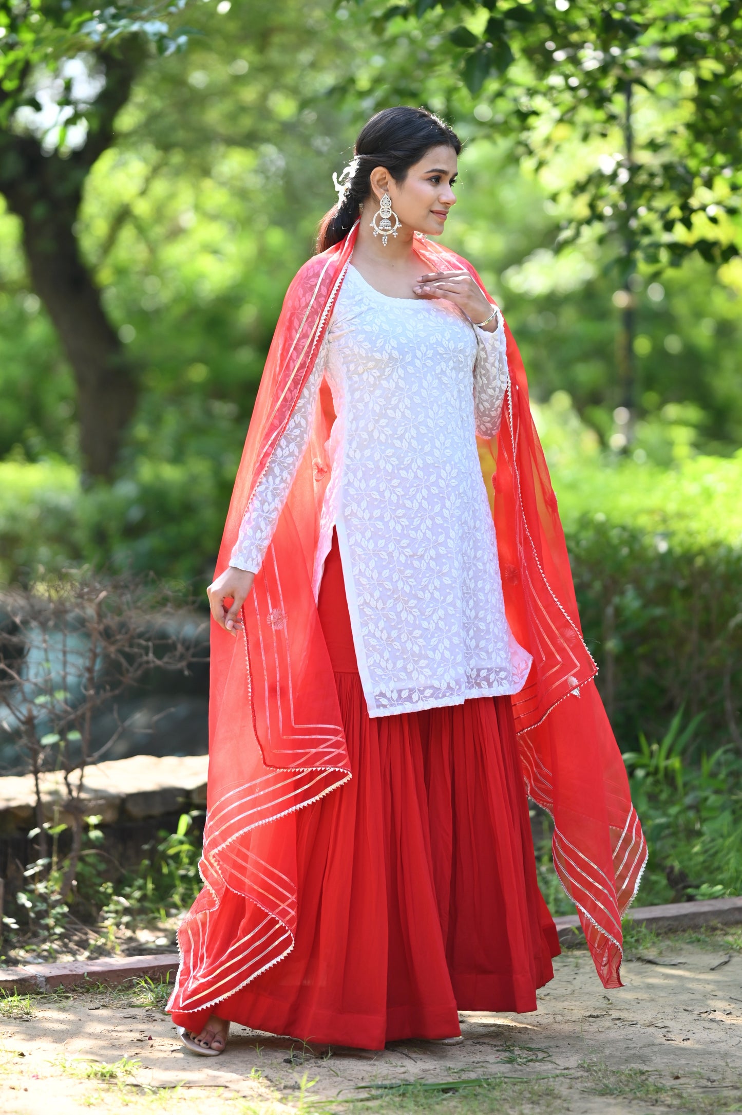 Red And White Sharara Set