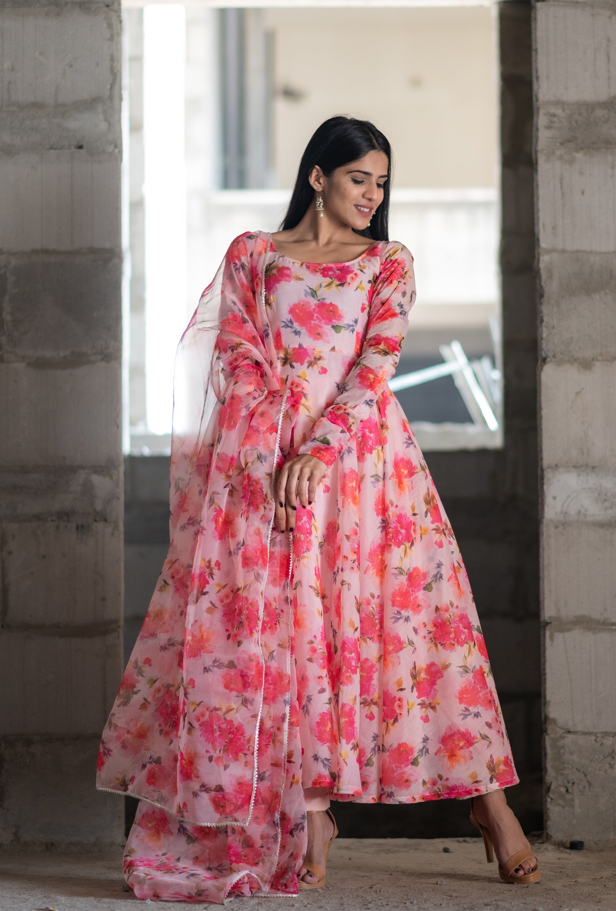 Buy Sky Blue Cotton Printed Anarkali Gown Online - Bandiwal