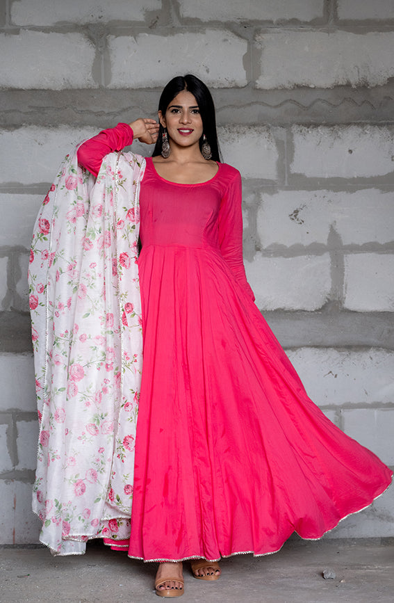 Buy Online Cotton Silk Plain Pink Anarkali Suit : 155609 -