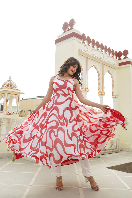 Cherry Red and White Anarkali