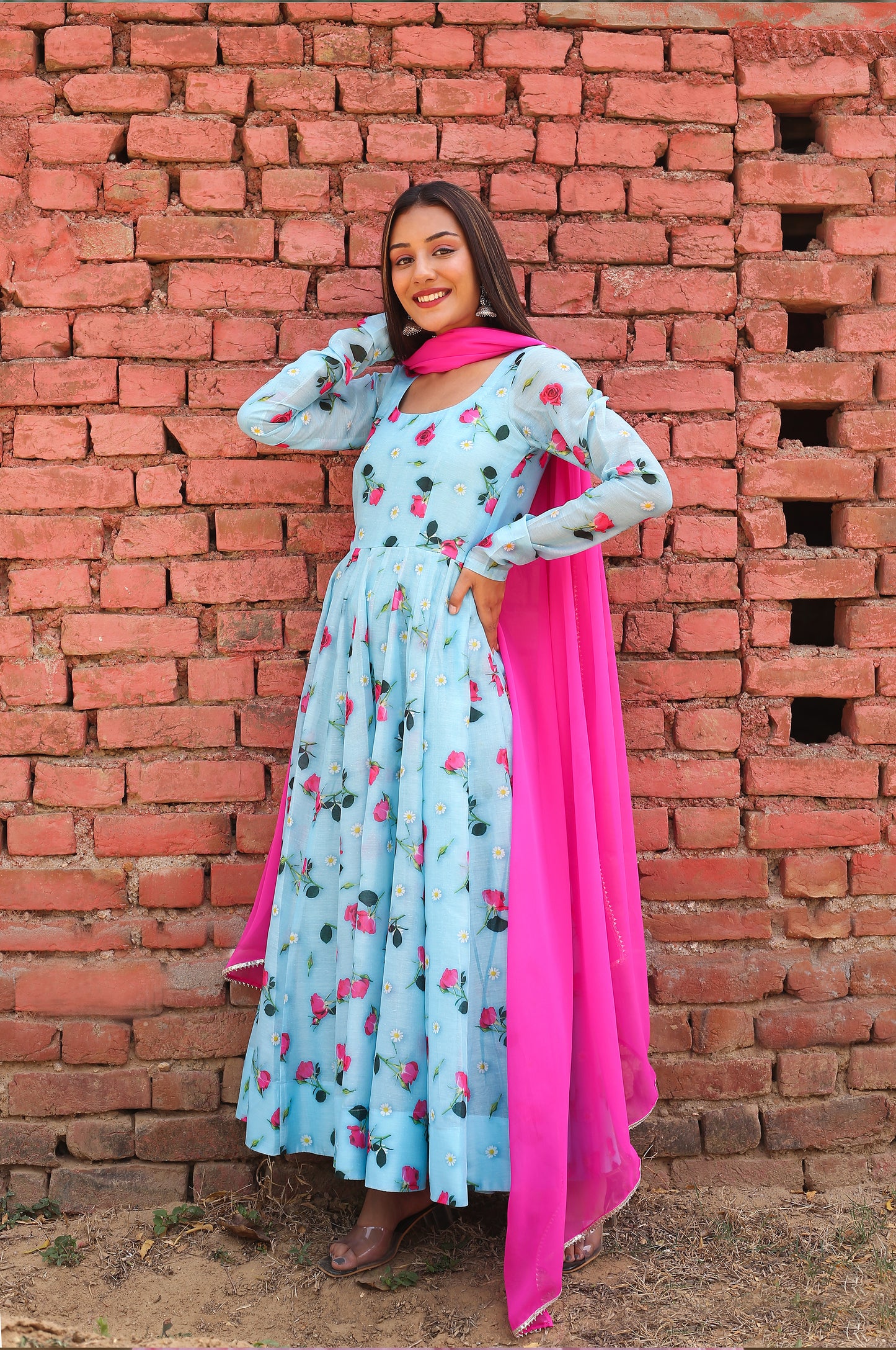 Rose Flower Printed Anarkali