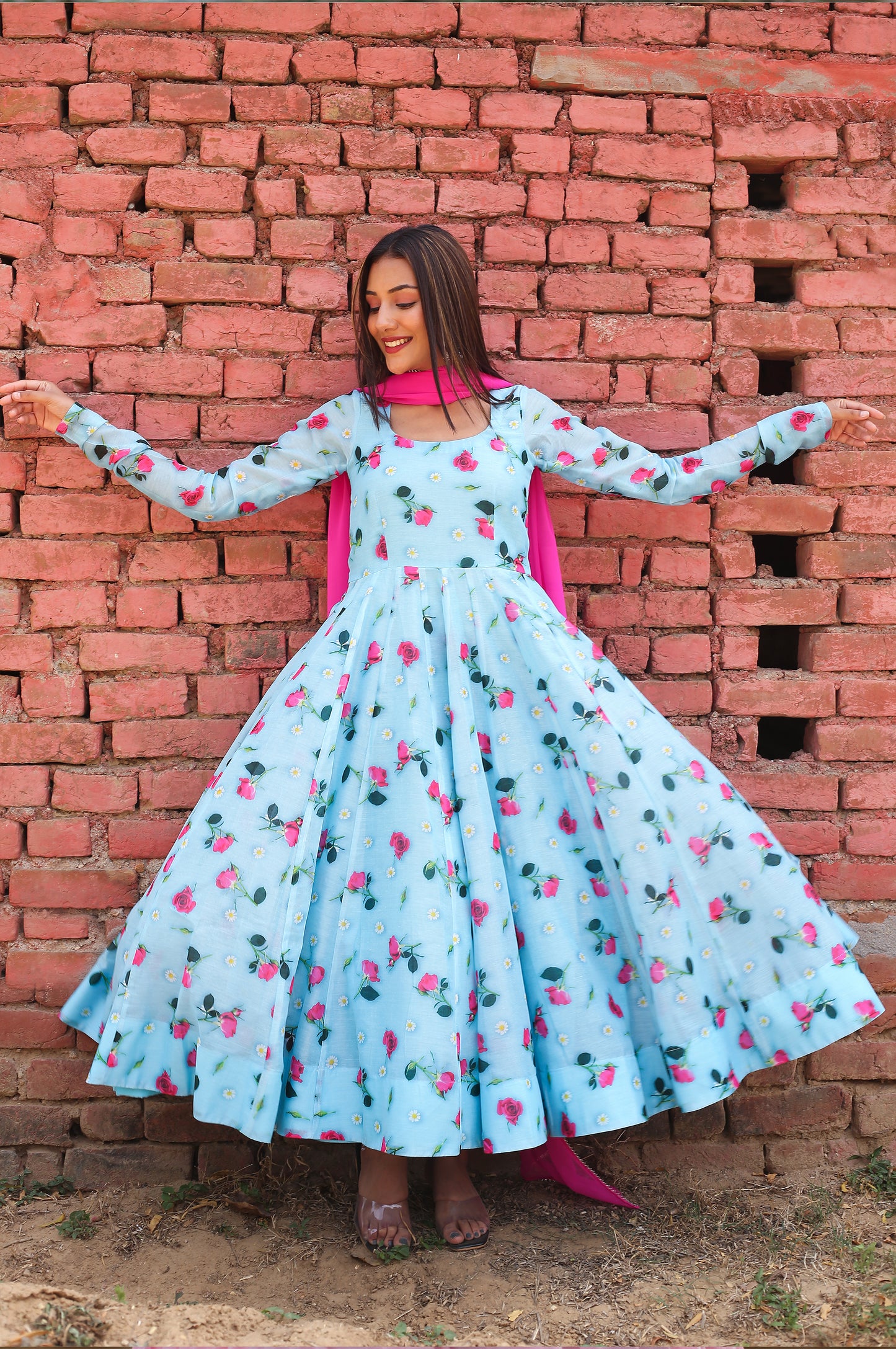 Rose Flower Printed Anarkali